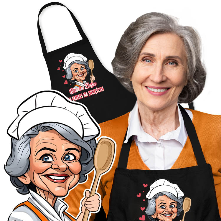 Fartuch Kuchenny Prezent na Dzień Babci Karykatura Czarny