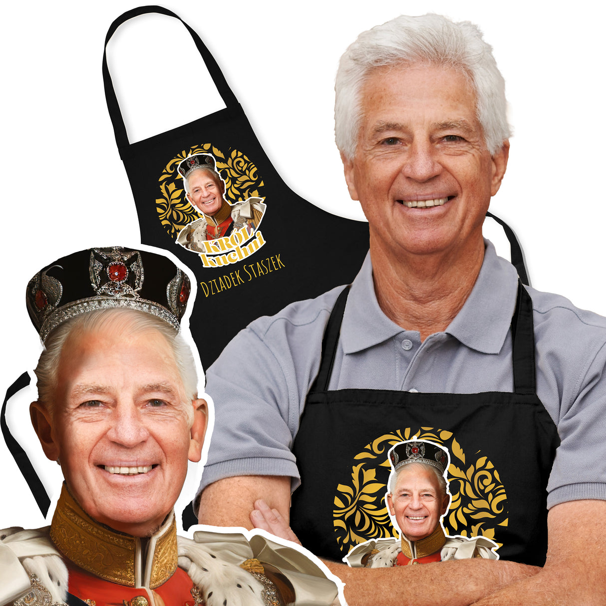Fartuch Kuchenny personalizowany Karykatura Prezent na Dzień Dziadka Bawełniany Czarny