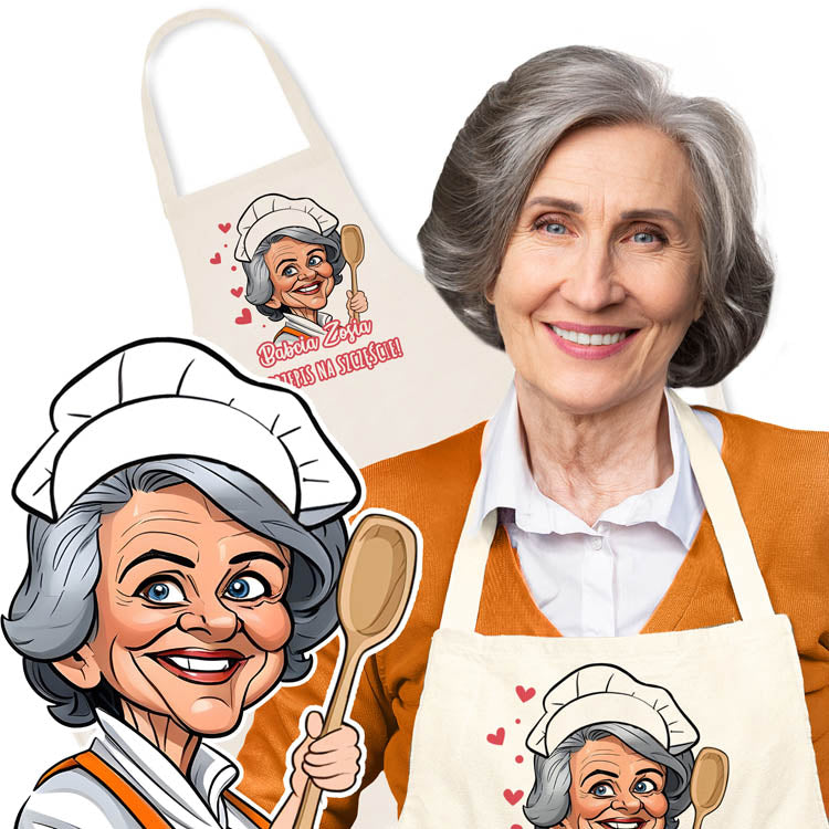 Fartuch Kuchenny Prezent na Dzień Babci Karykatura Ecru