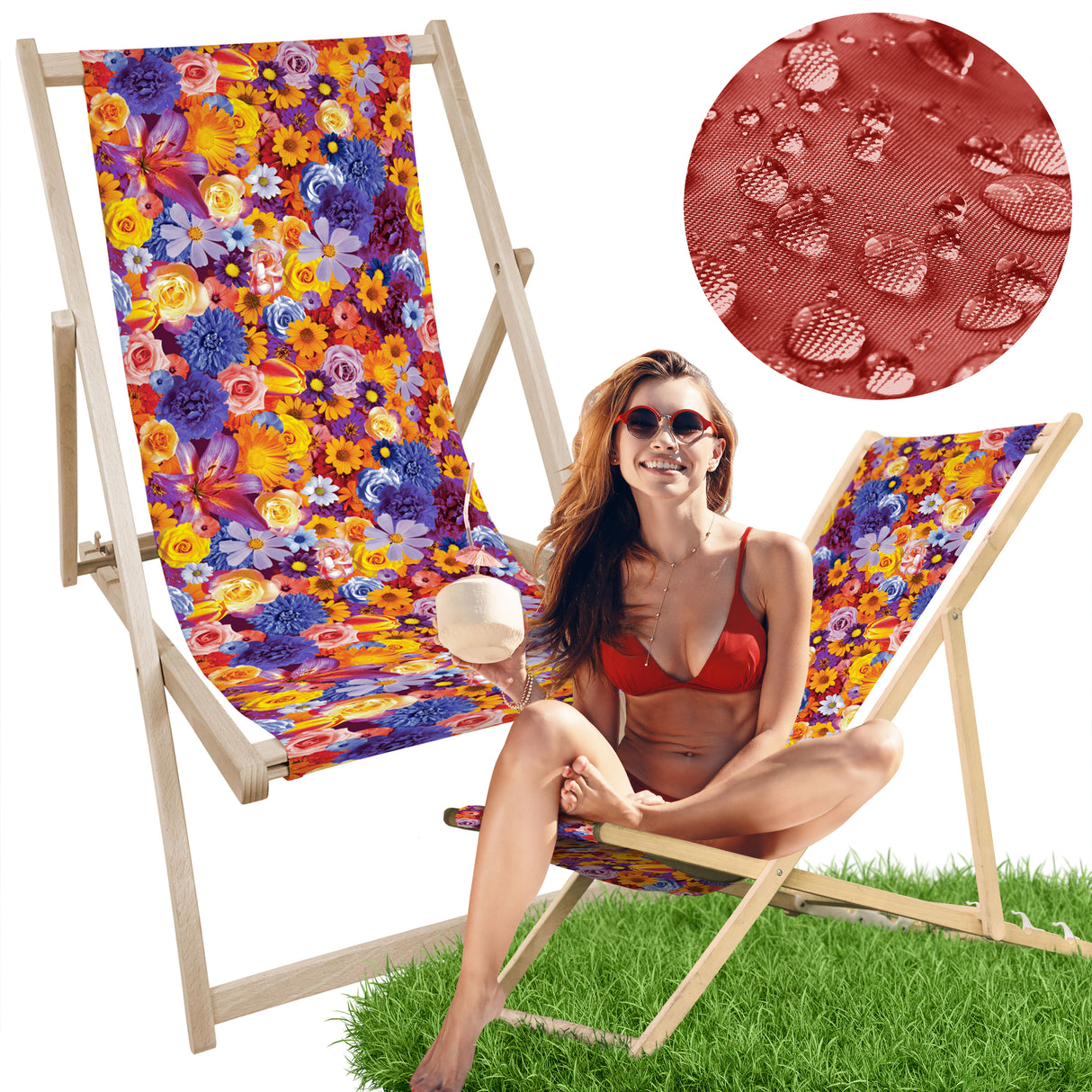 Leżak drewniany z nadrukiem KWIATY CZERWONO POMARAŃCZOWE