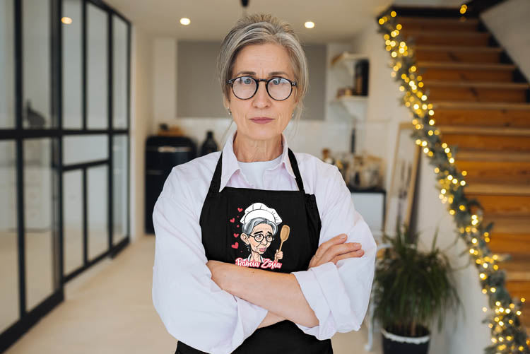 Fartuch Kuchenny Prezent na Dzień Babci Karykatura Czarny