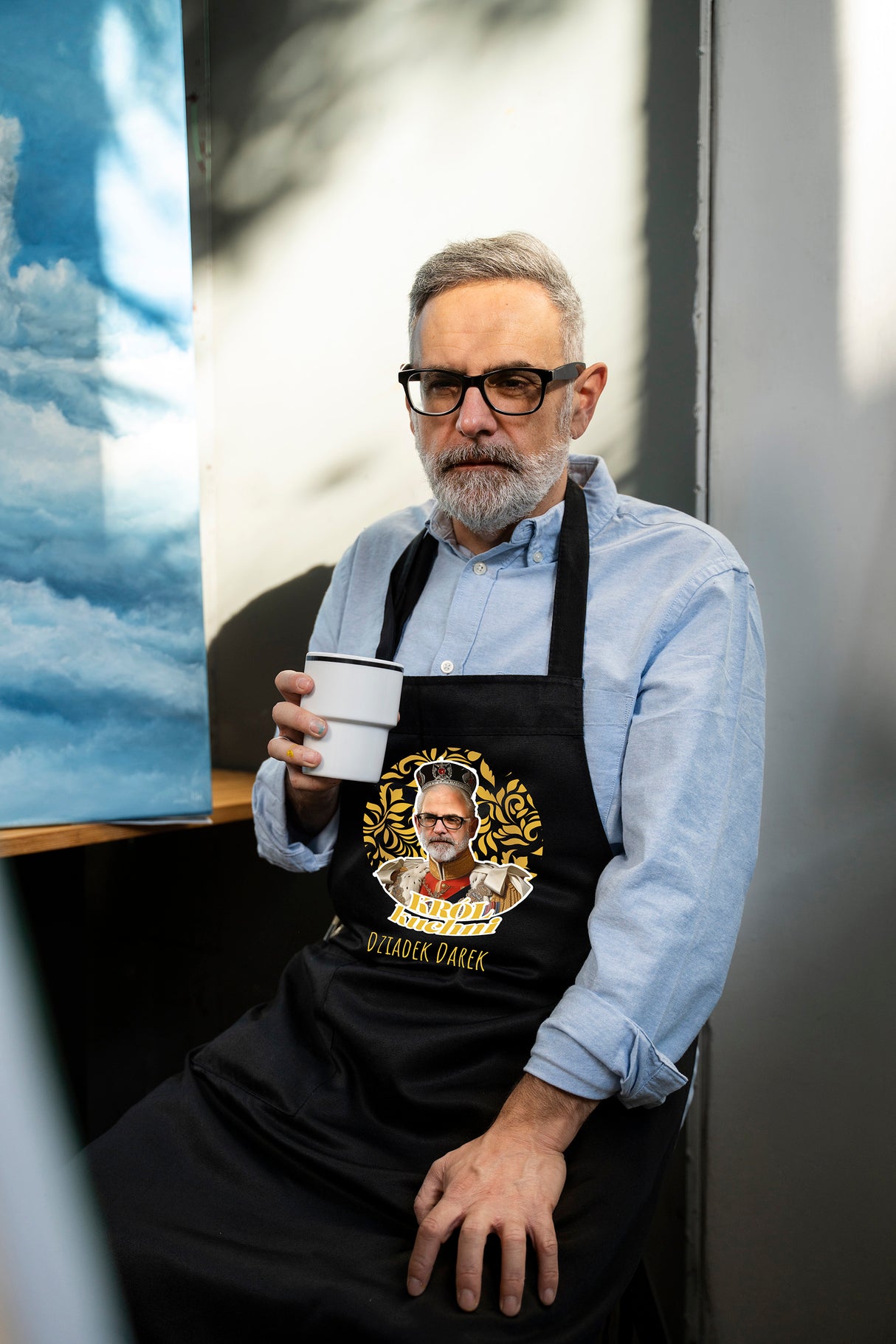 Fartuch Kuchenny personalizowany Karykatura Prezent na Dzień Dziadka Bawełniany Czarny