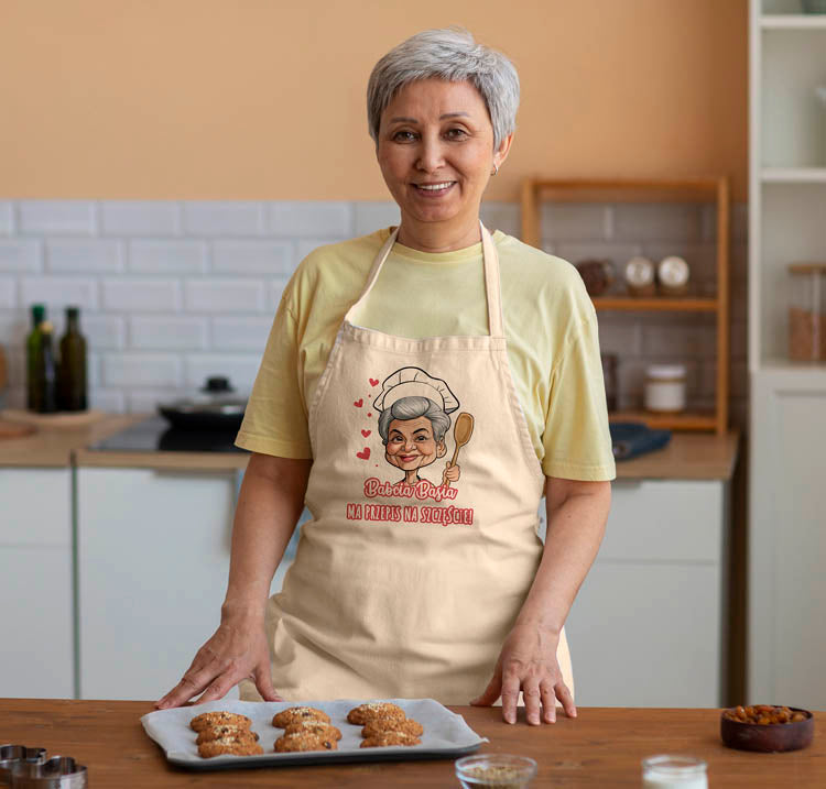 Fartuch Kuchenny Prezent na Dzień Babci Karykatura Ecru