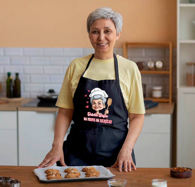 Fartuch Kuchenny Prezent na Dzień Babci Karykatura Czarny