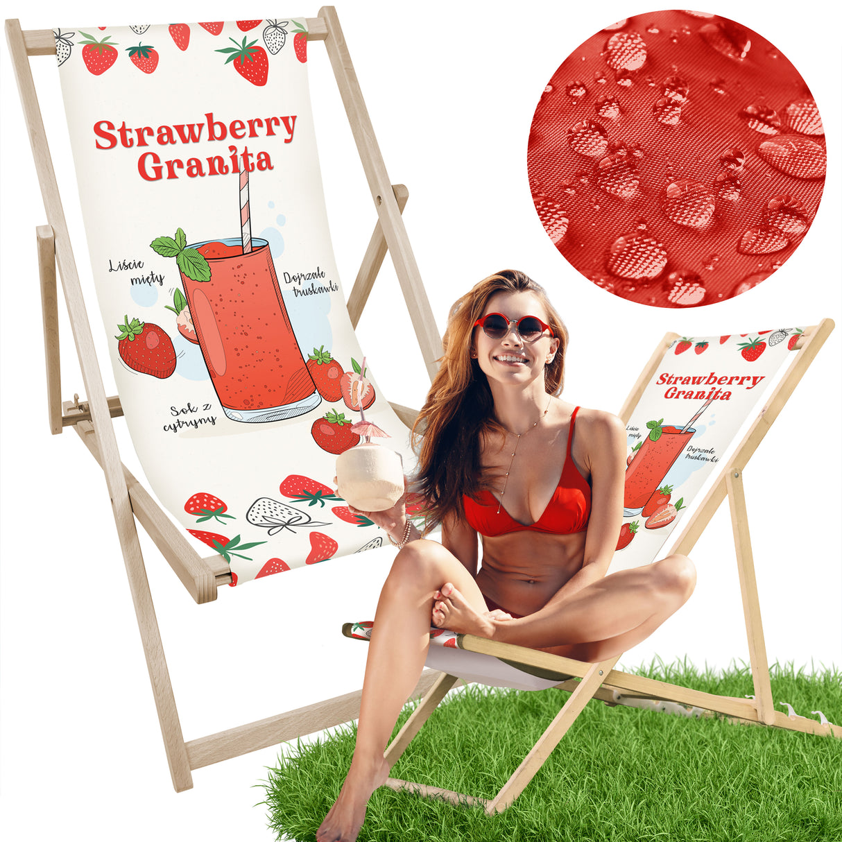 Leżak drewniany z nadrukiem STRAWBERRY GRANITA