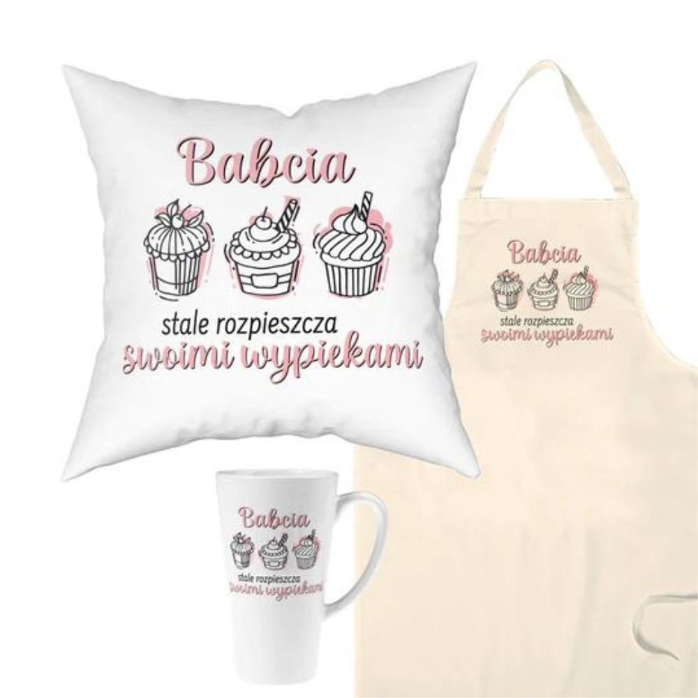 Zestaw Fartuch,Kubek,Poduszka Babcia Rozpieszcza Wypiekami Prezent na Dzień Babci