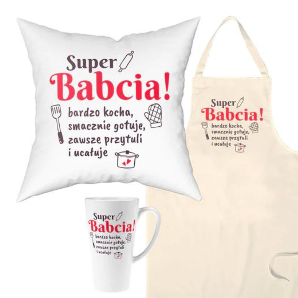 Zestaw Fartuch,Kubek,Poduszka Super Babcia Prezent na Dzień Babci