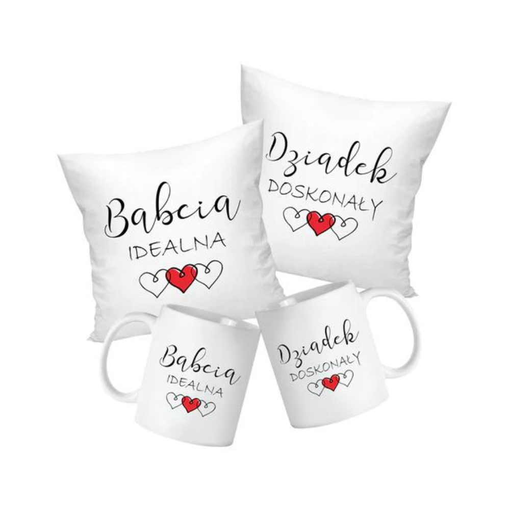 Zestaw Poduszka Kubek Babcia Idealna Dziadek Doskonały Prezent na Dzień Babci i Dziadka