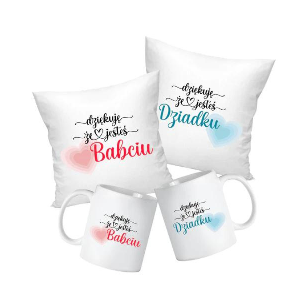 Zestaw Poduszka Kubek Dziękuje Ci że jesteś Babciu Dziadku Prezent na Dzień Babci i Dziadka