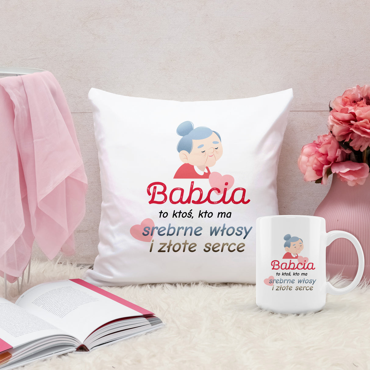Zestaw Poduszka Kubek Srebrne włosy i złote serce Prezent na Dzień Babci
