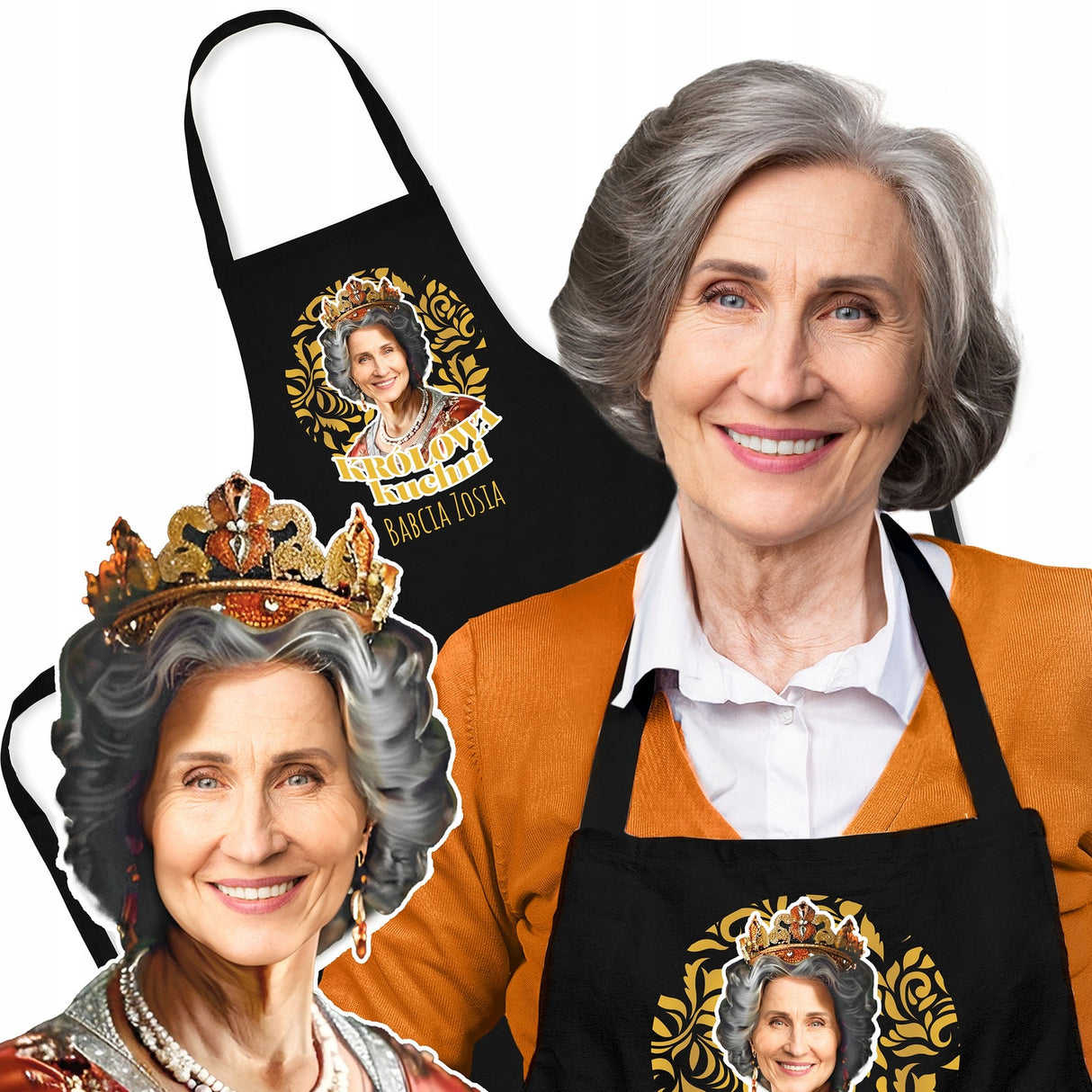 Fartuch Kuchenny Prezent na Dzień Babci Karykatura Królowa Bawełniany Czarny
