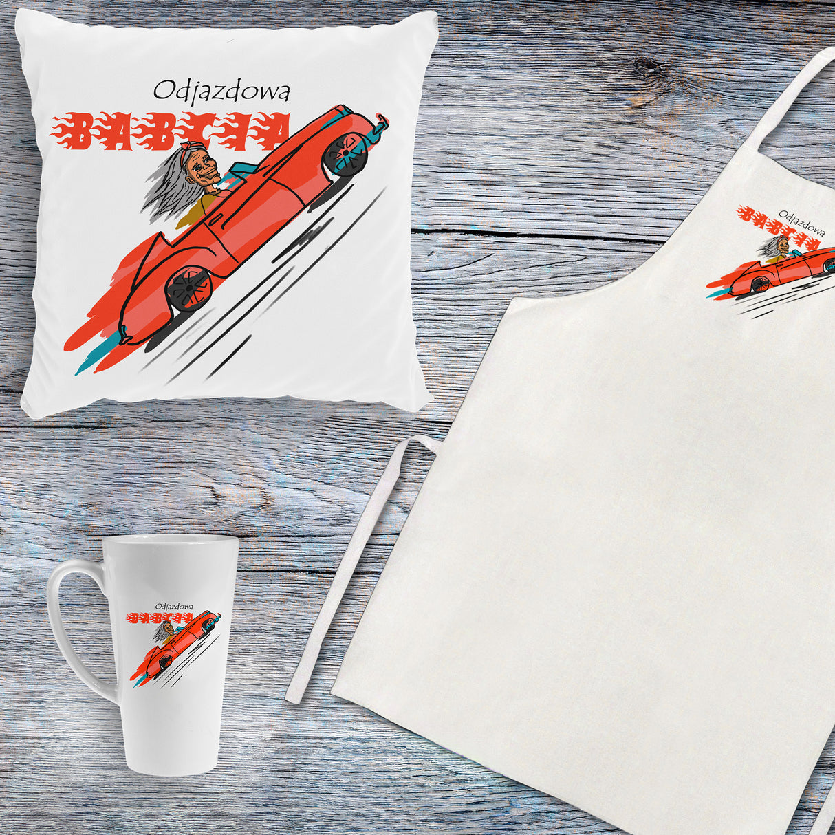 Zestaw Fartuch,Kubek,Poduszka Odjazdowa Babcia Prezent na Dzień Babci