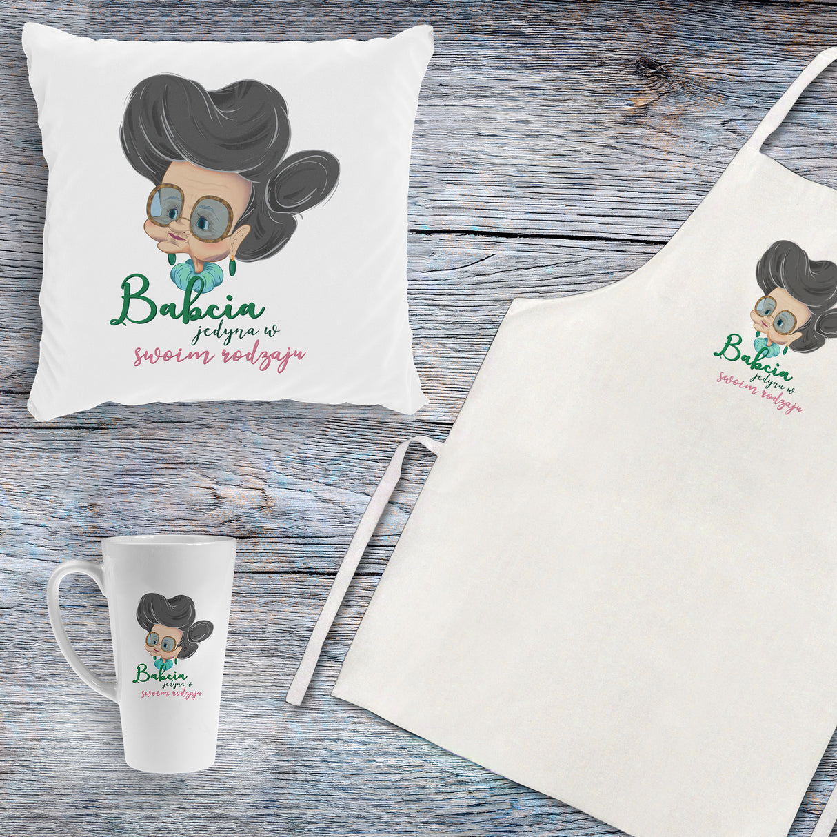 Zestaw Fartuch,Kubek,Poduszka Babcia Jedyna w swoim Rodzaju Prezent na Dzień Babci
