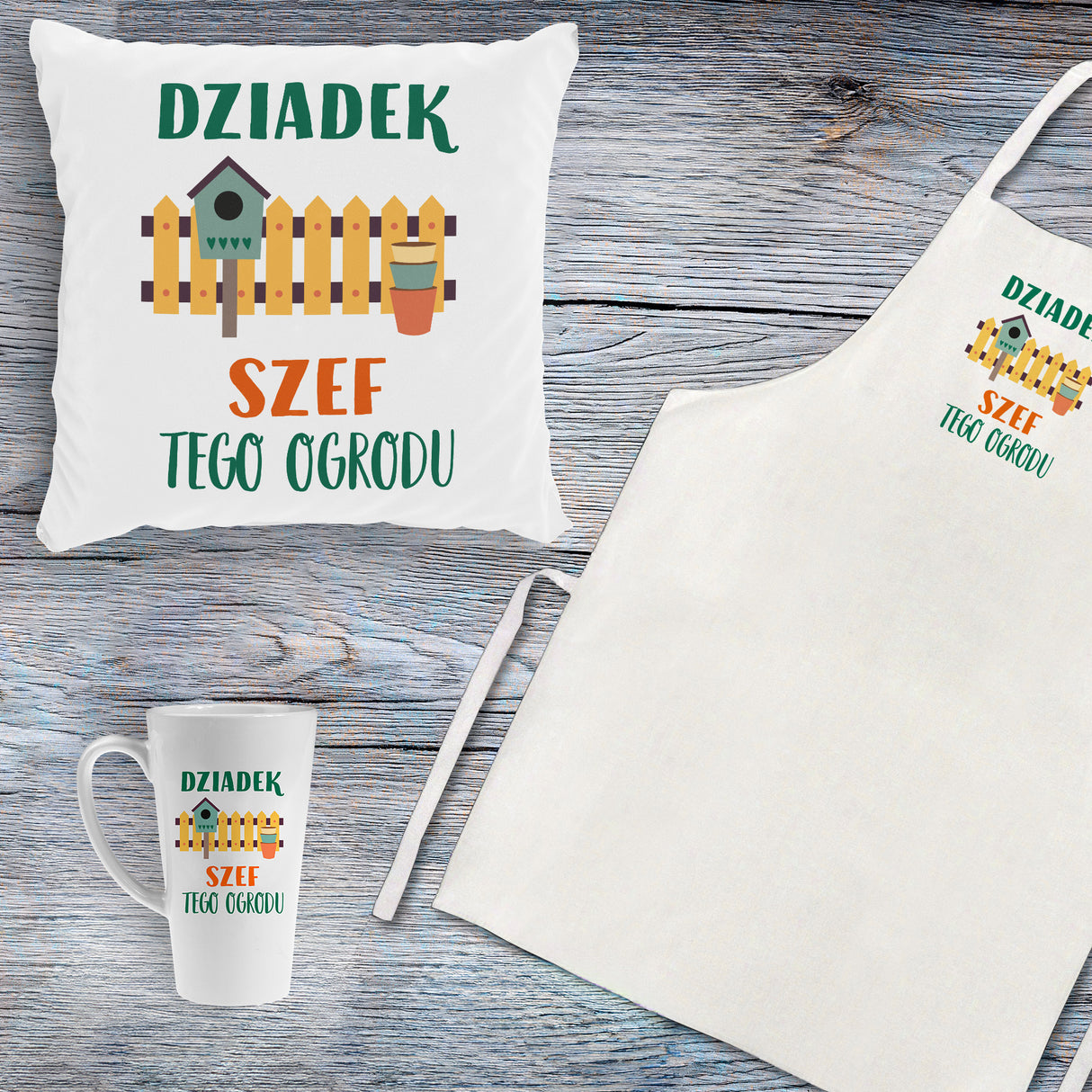 Zestaw Fartuch,Kubek,Poduszka Szef Ogrodu Prezent na Dzień Dziadka
