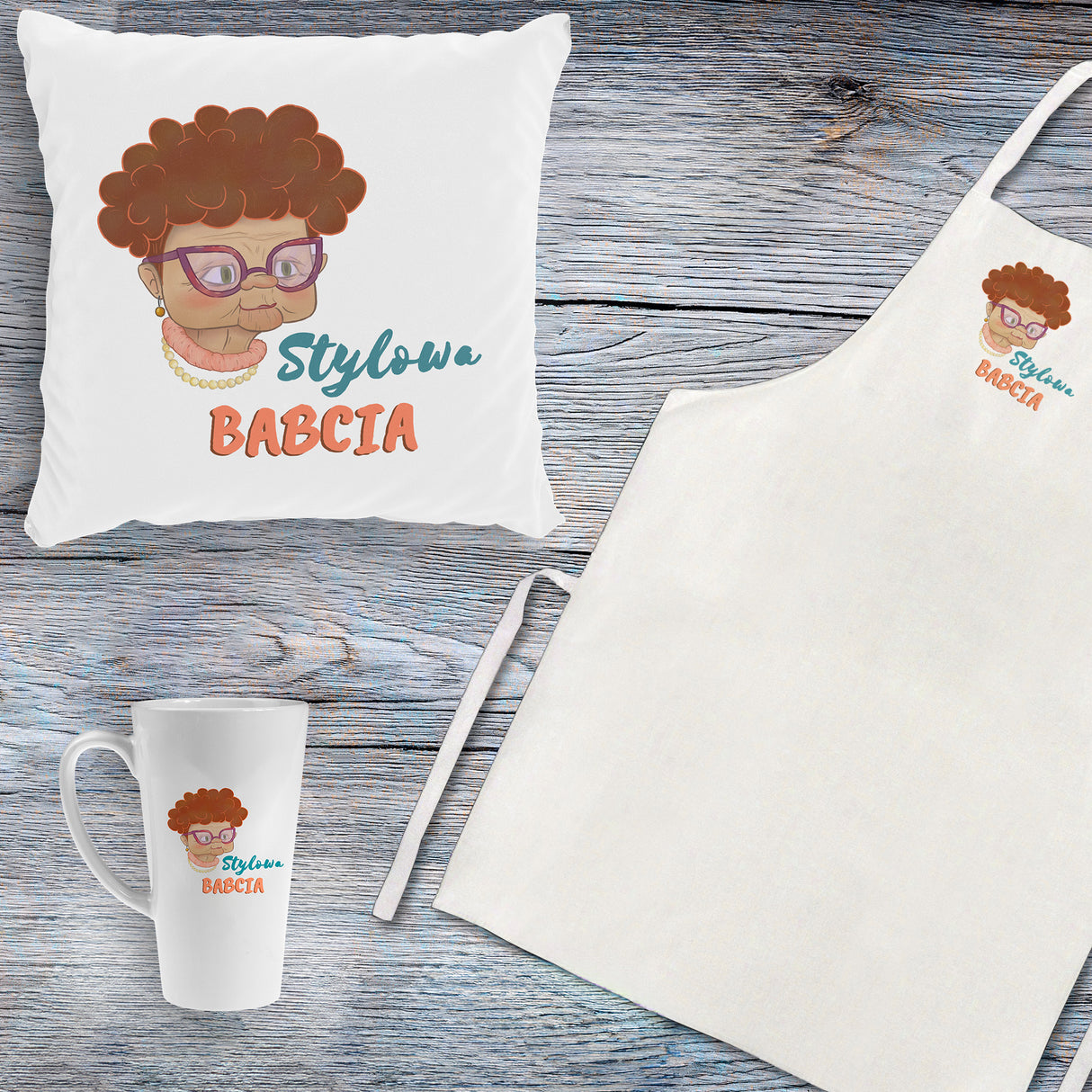 Zestaw Fartuch,Kubek,Poduszka Stylowa Babcia Prezent na Dzień Babci