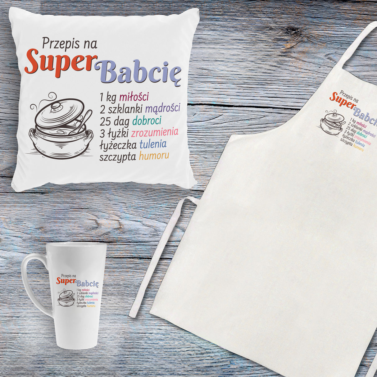 Zestaw Fartuch,Kubek,Poduszka Przepis na Super Babcie Prezent na Dzień Babci