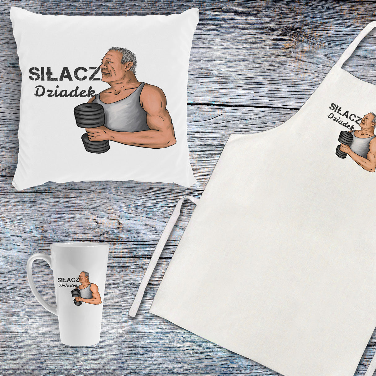 Zestaw Fartuch,Kubek,Poduszka Dziadek Siłacz Prezent na Dzień Dziadka