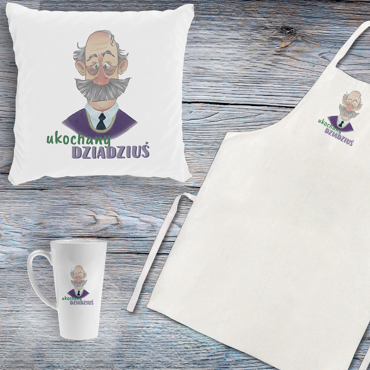 Zestaw Fartuch,Kubek,Poduszka Ukochany Dziadziuś Prezent na Dzień Dziadka