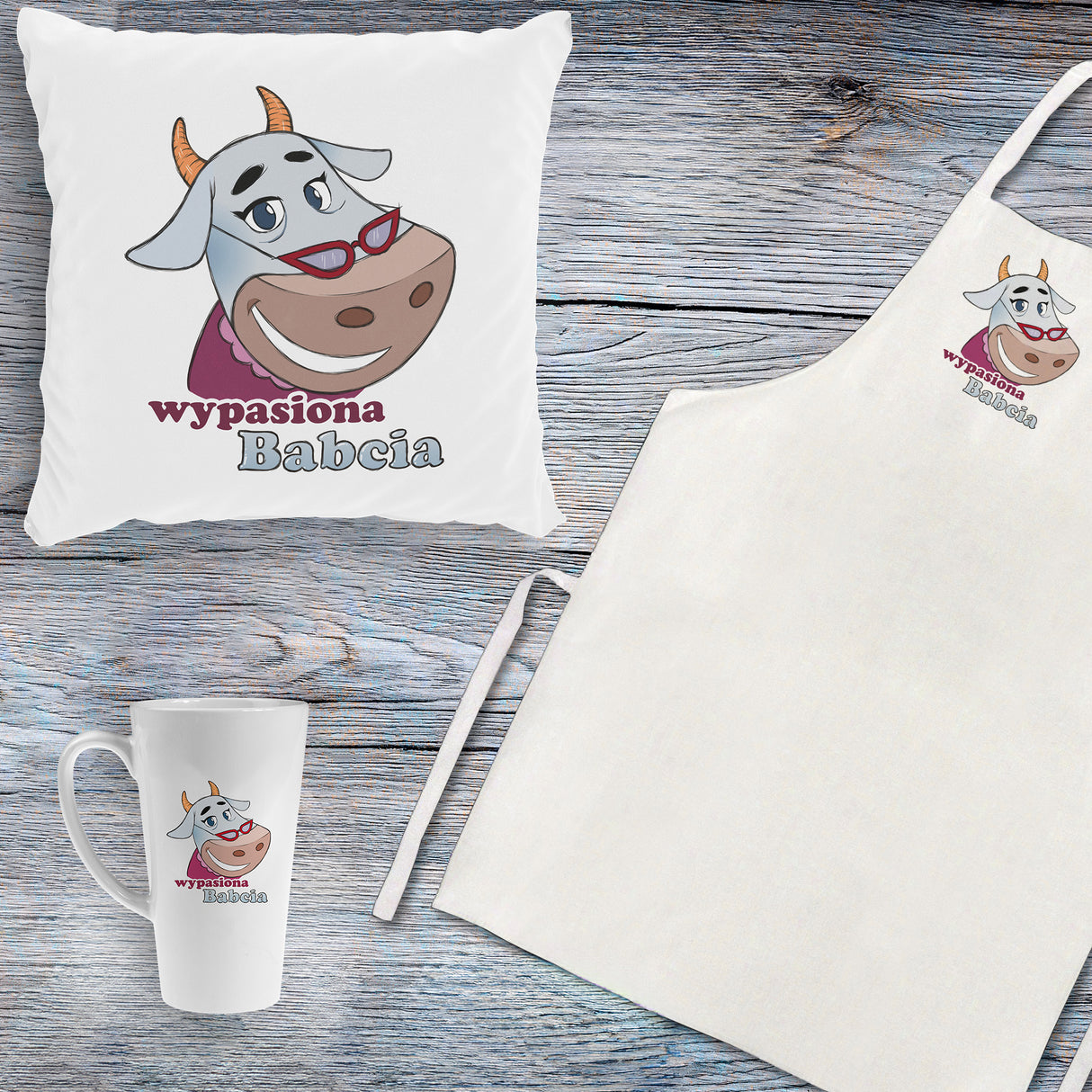 Zestaw Fartuch,Kubek,Poduszka Wypasiona Babcia Prezent na Dzień Babci