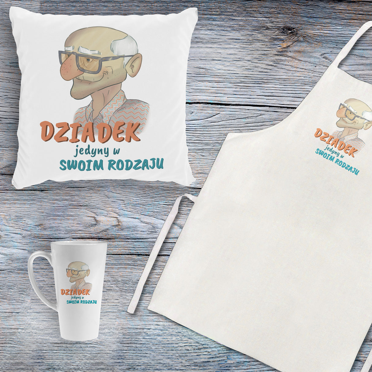 Zestaw Fartuch,Kubek,Poduszka Dziadek jedyny w swoim Rodzaju Prezent na Dzień Dziadka