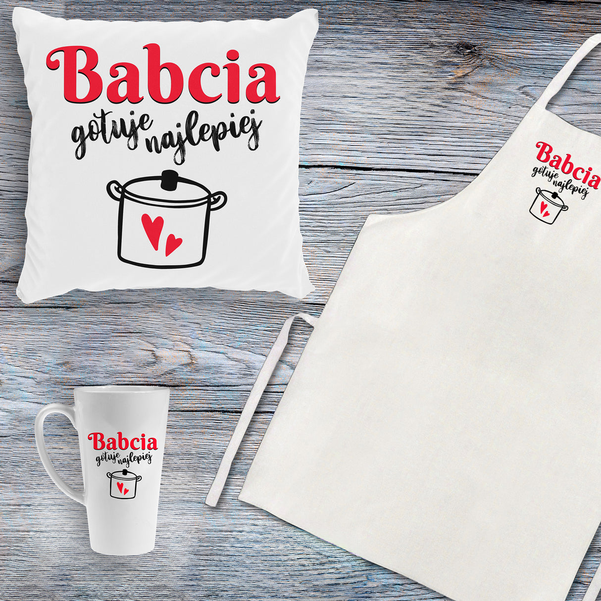 Zestaw Fartuch,Kubek,Poduszka Babcia gotuje Najlepiej Prezent na Dzień Babci