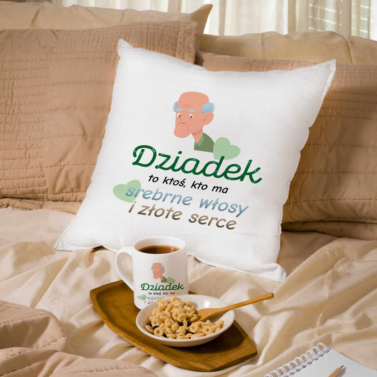 Zestaw Poduszka Kubek Srebrne włosy i złote serce Prezent na Dzień Dziadka