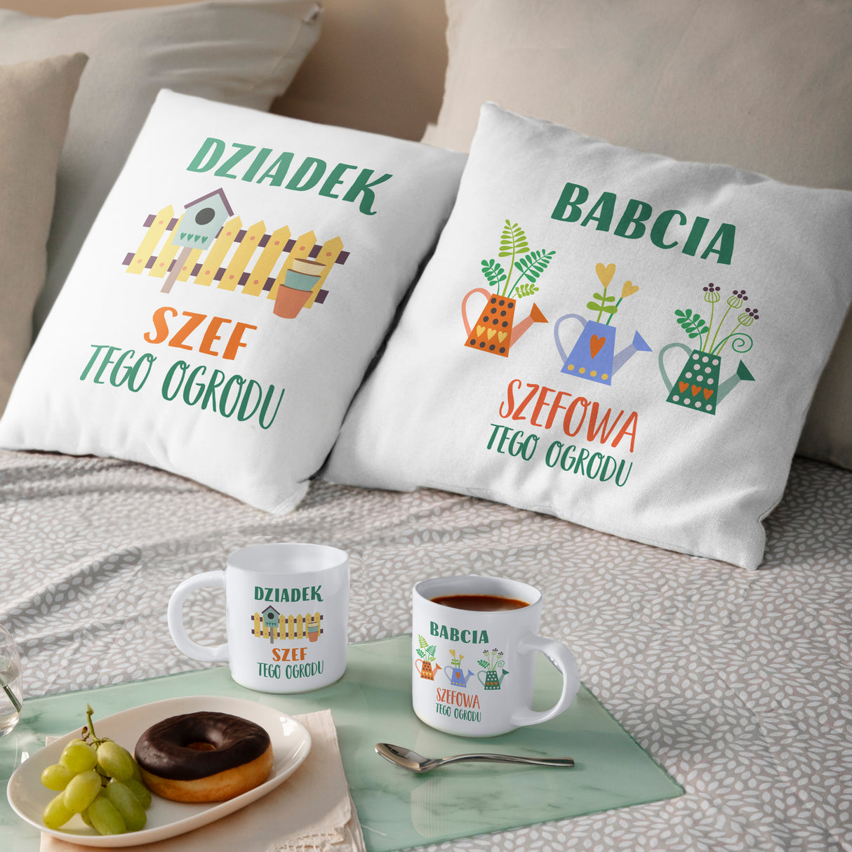 Zestaw Poduszka Kubek Babcia Dziadek Szef tego ogrodu Prezent na Dzień Babci i Dziadka
