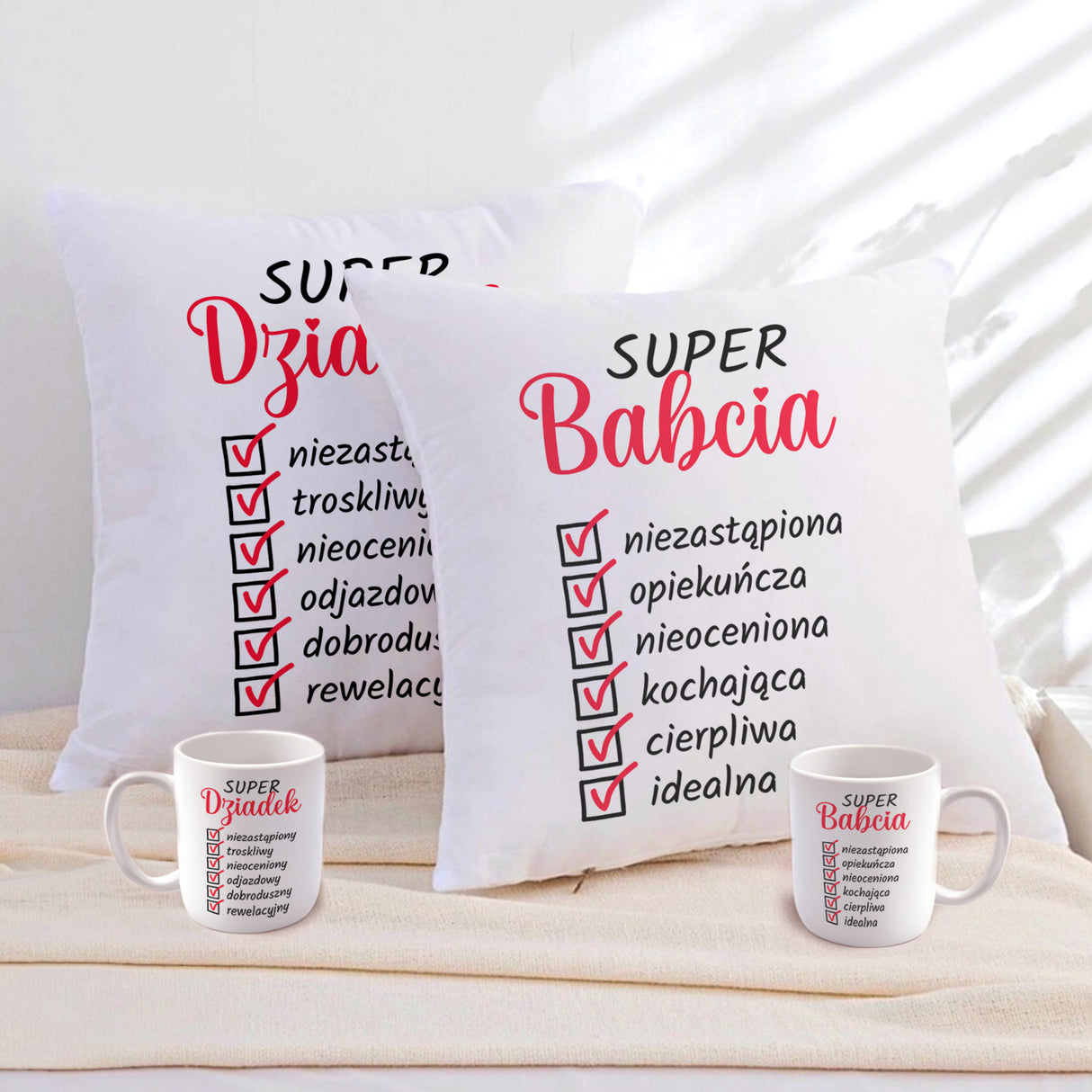 Zestaw Poduszka Kubek Super Babcia Super Dziadek Prezent na Dzień Babci i Dziadka