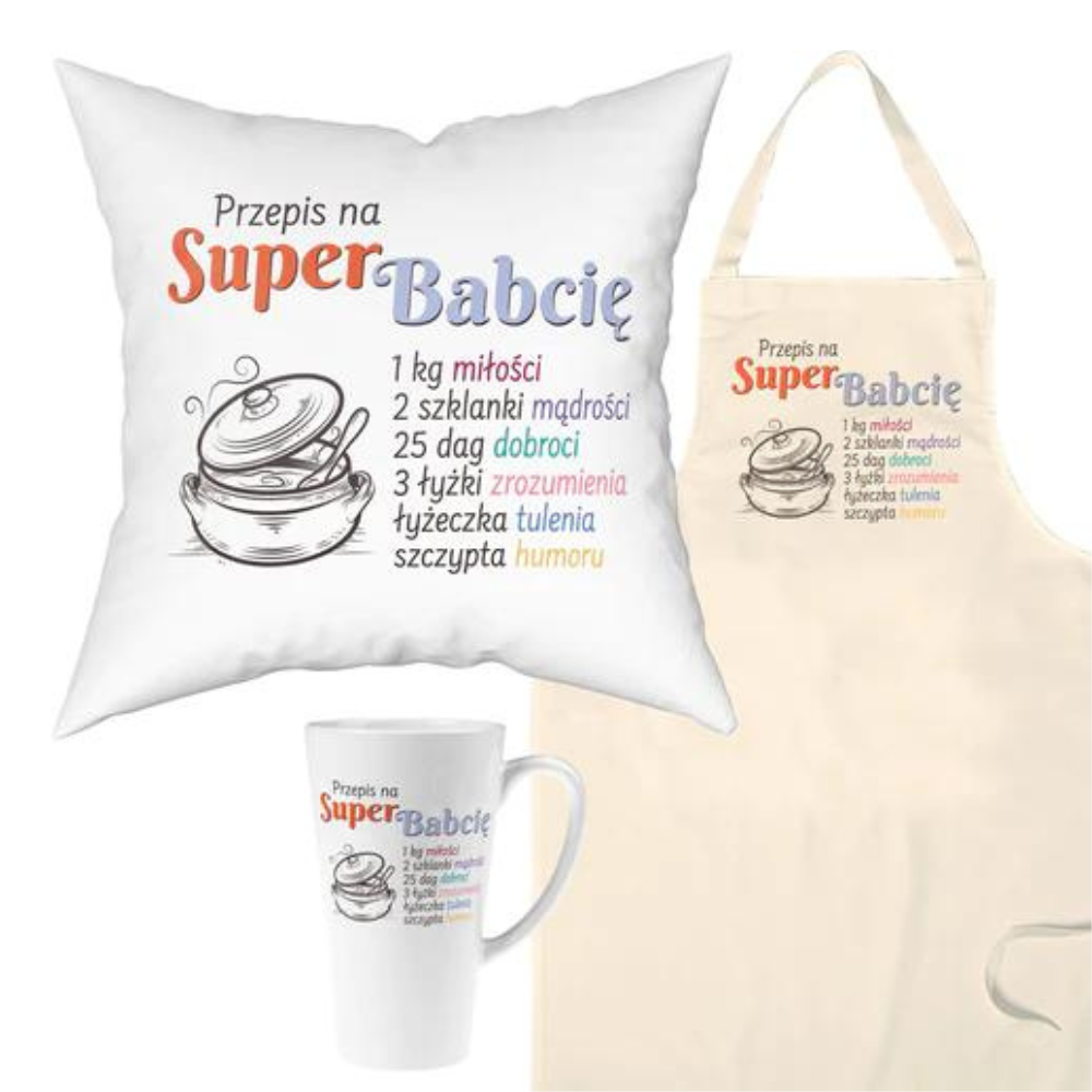 Zestaw Fartuch,Kubek,Poduszka Przepis na Super Babcie Prezent na Dzień Babci