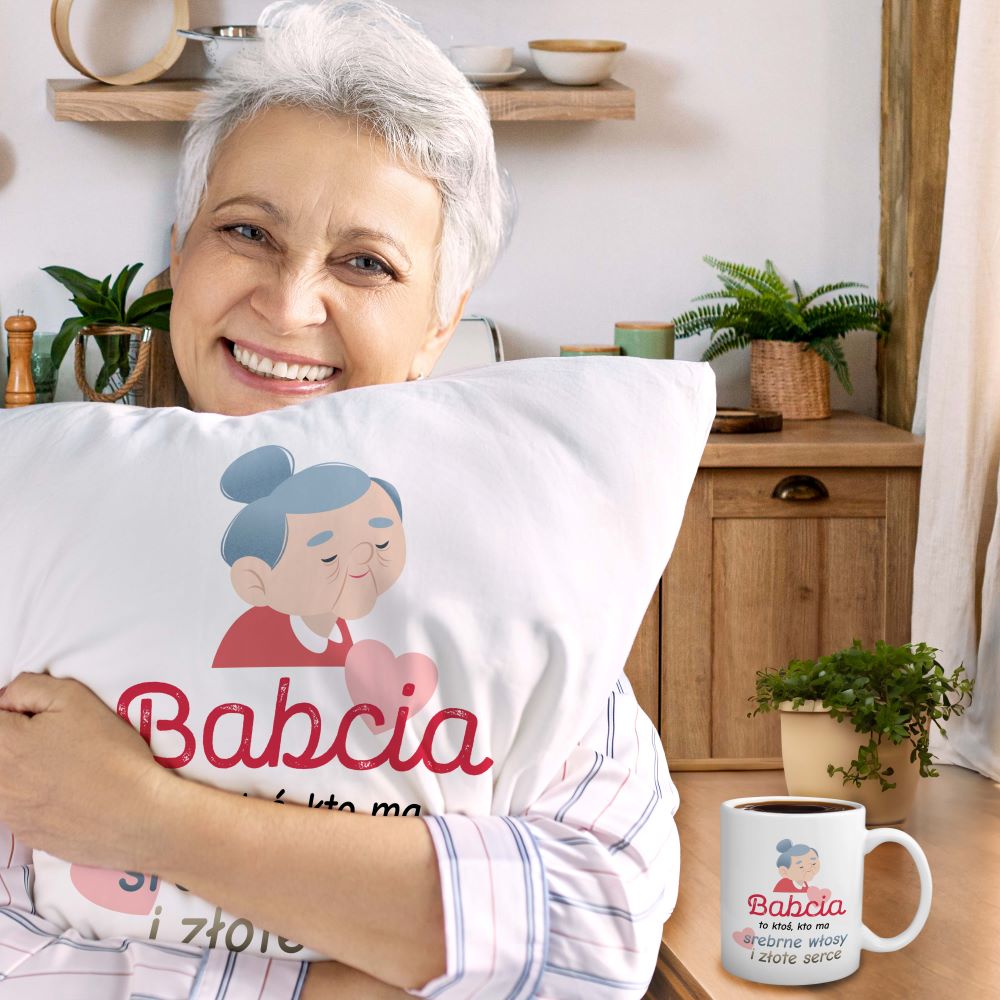 Zestaw Poduszka Kubek Srebrne włosy i złote serce Prezent na Dzień Babci