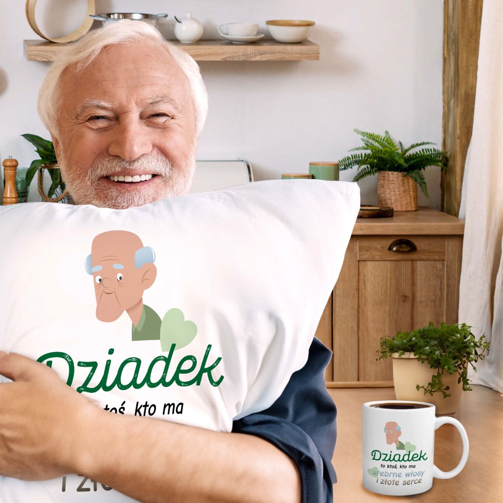 Zestaw Poduszka Kubek Srebrne włosy i złote serce Prezent na Dzień Dziadka