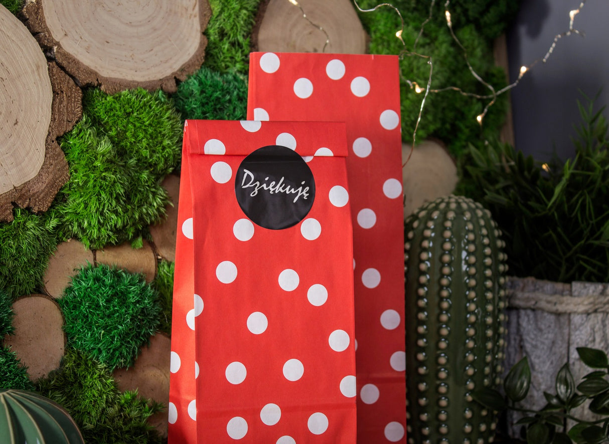 Torebki papierowe CZERWONE groszki 10x26x6,5 + naklejki DZIĘKUJĘ
