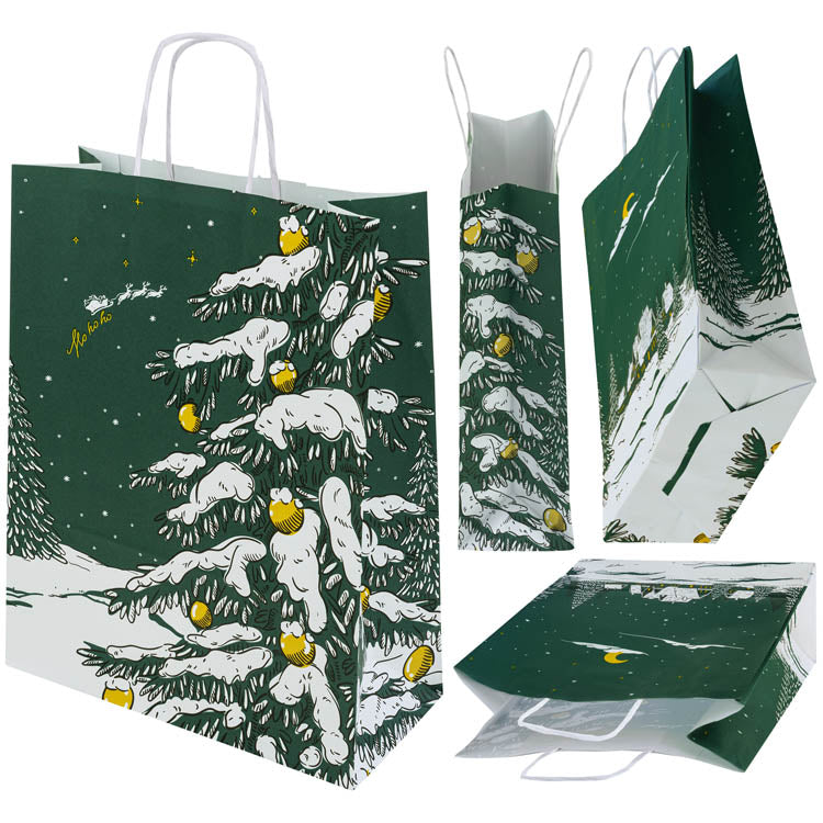 Torba papierowa świąteczna 240x100x320mm Zielona Choinka