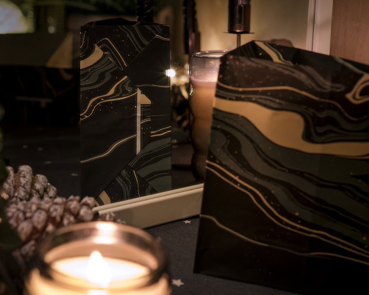 Torba papierowa klockowa 160x80x270mm Czarno Złoty Marmur