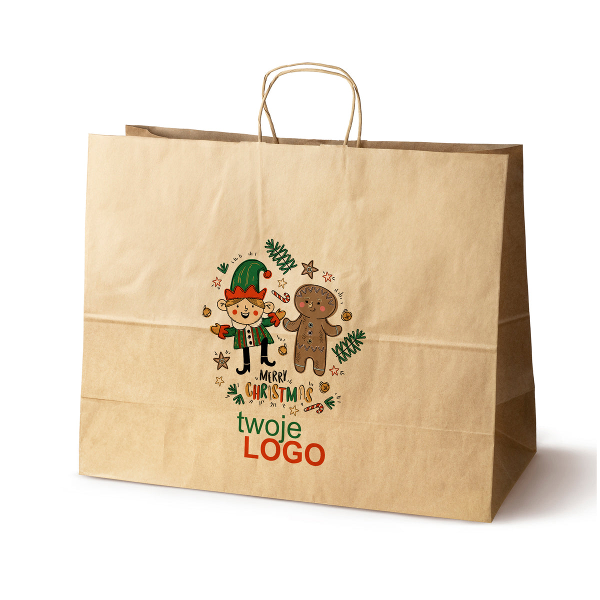 Pungă de hârtie de Crăciun Verde 50pcs. 180x80x225mm +LOGO (23 modele)