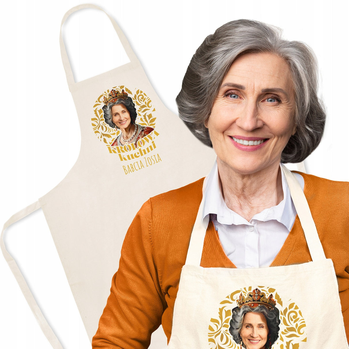 Fartuch Kuchenny Prezent na Dzień Babci Karykatura Królowa Bawełniany Ecru