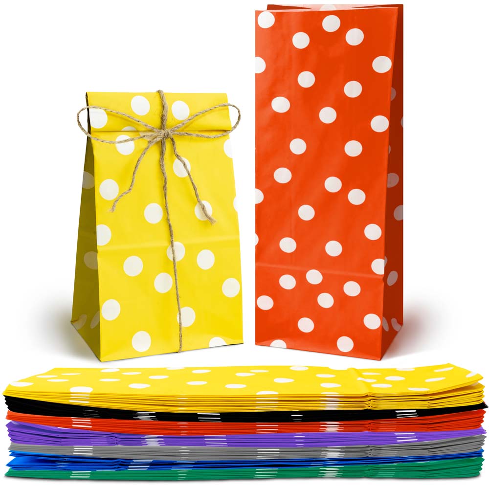 Torba papierowa klockowa 100x70x280 w groszki + naklejki Happy Birthday 6 szt.