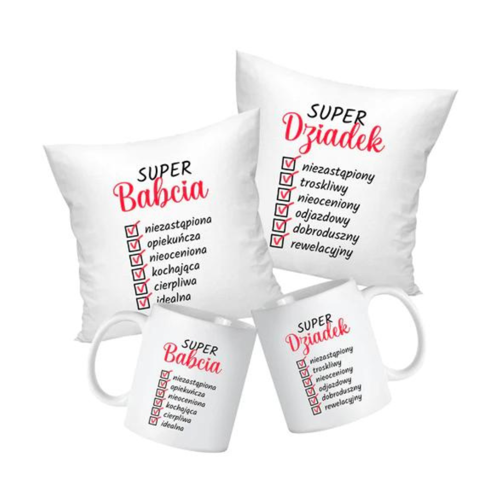 Zestaw Poduszka Kubek Super Babcia Super Dziadek Prezent na Dzień Babci i Dziadka