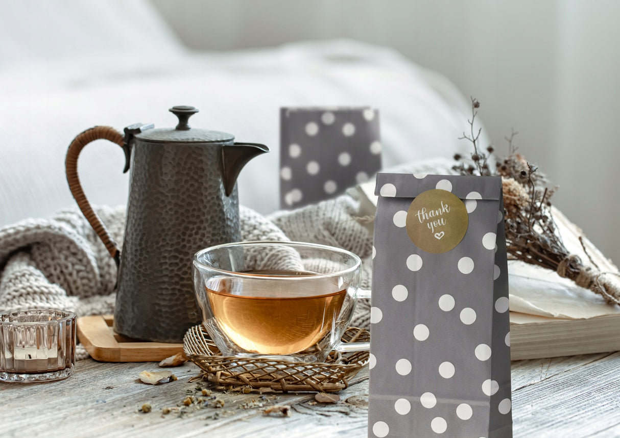 Torba papierowa klockowa 100x65x260mm w groszki Szara + złote naklejki Thank You