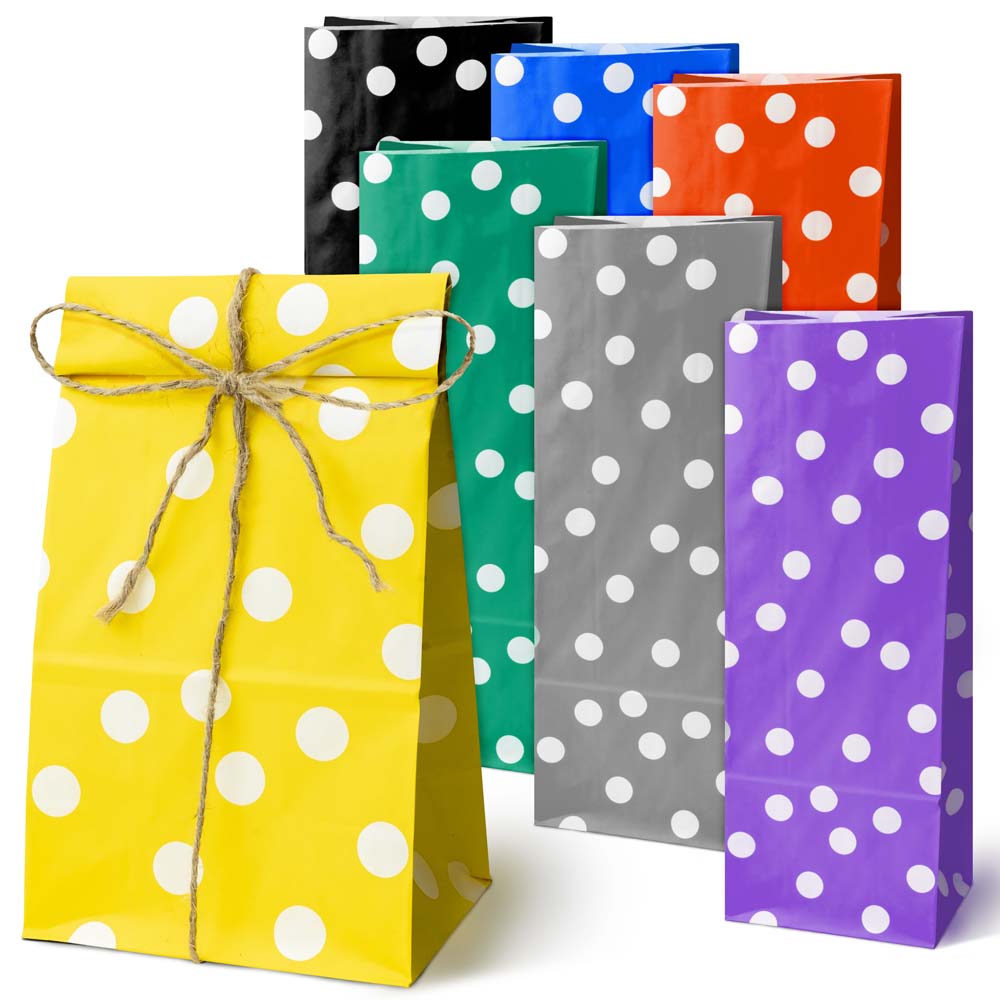 Torba papierowa klockowa 100x70x280 w groszki + naklejki Happy Birthday 6 szt.