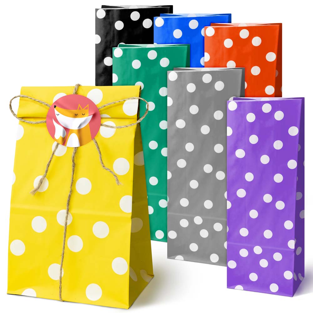 Torba papierowa klockowa 100x70x280 w groszki + naklejki Happy Birthday 6 szt.