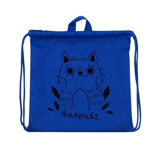 Plecak worek bawełniany z nadrukiem dla dziecka Kot + Imię Granatowy
