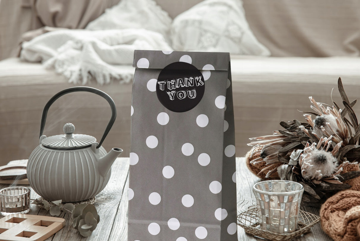 Torebki papierowe SZARE groszki 10x26x6,5 + naklejki THANK YOU