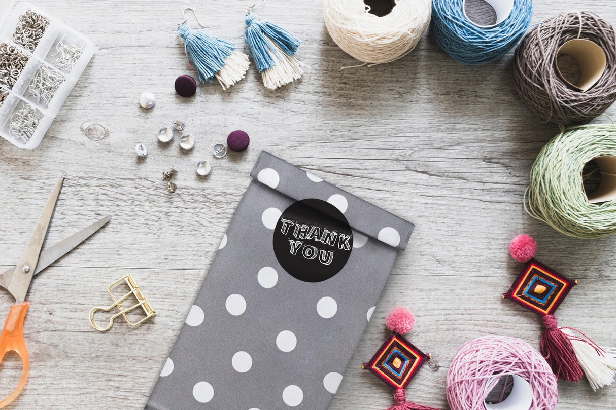 Torebki papierowe SZARE groszki 10x26x6,5 + naklejki THANK YOU