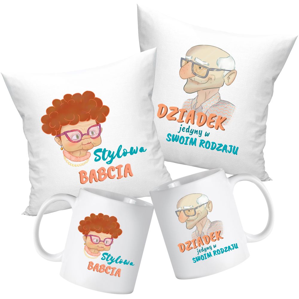 Zestaw Poduszka Kubek Dziadek Jedyny w swoim Rodzaju i Stylowa Babcia Prezent na Dzień Babci i Dziadka