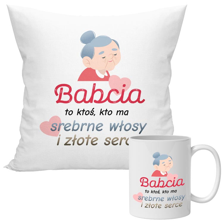 Zestaw Poduszka Kubek Srebrne włosy i złote serce Prezent na Dzień Babci