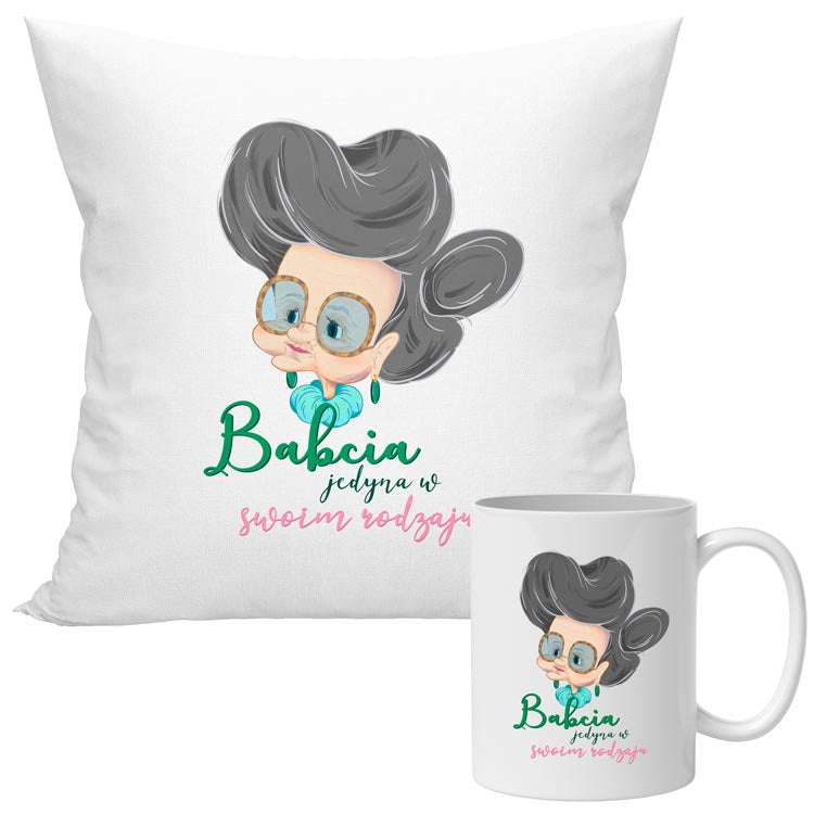 Zestaw Poduszka Kubek - Babcia jedyna w swoim rodzaju Prezent na Dzień Babci