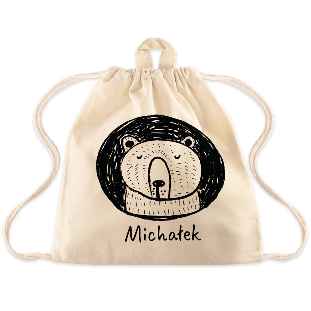 Plecak worek bawełniany z nadrukiem dla dziecka Miś + Imię Ecru