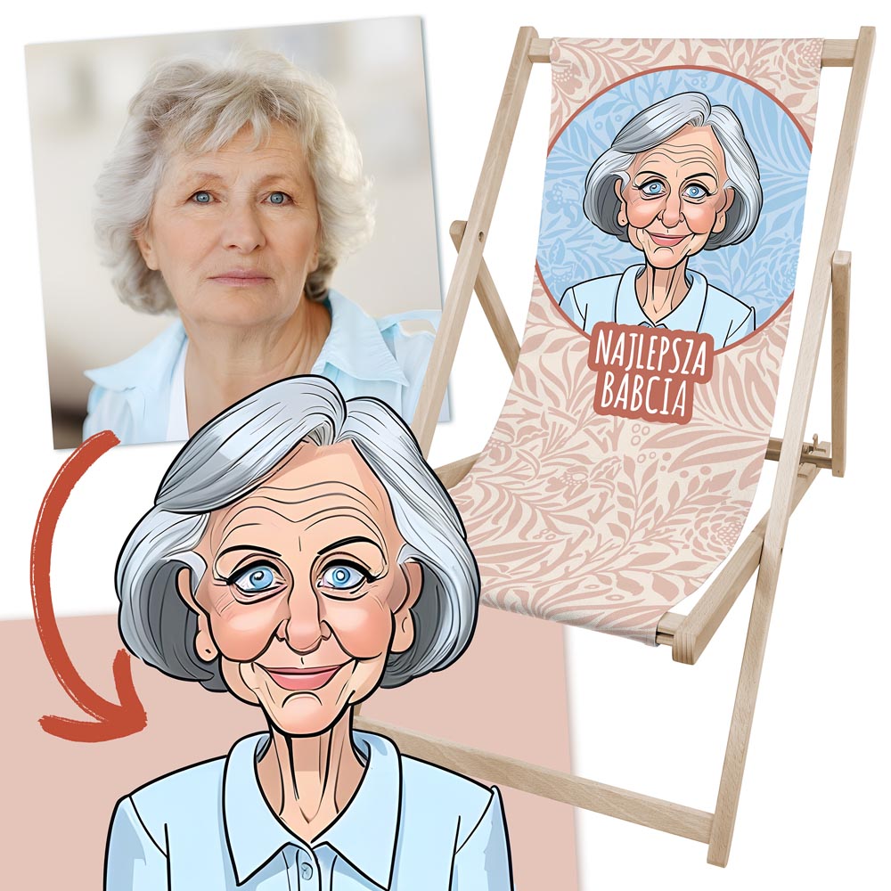 Leżak drewniany personalizowany ze zdjęciem Karykatura Prezent na Dzień Babci