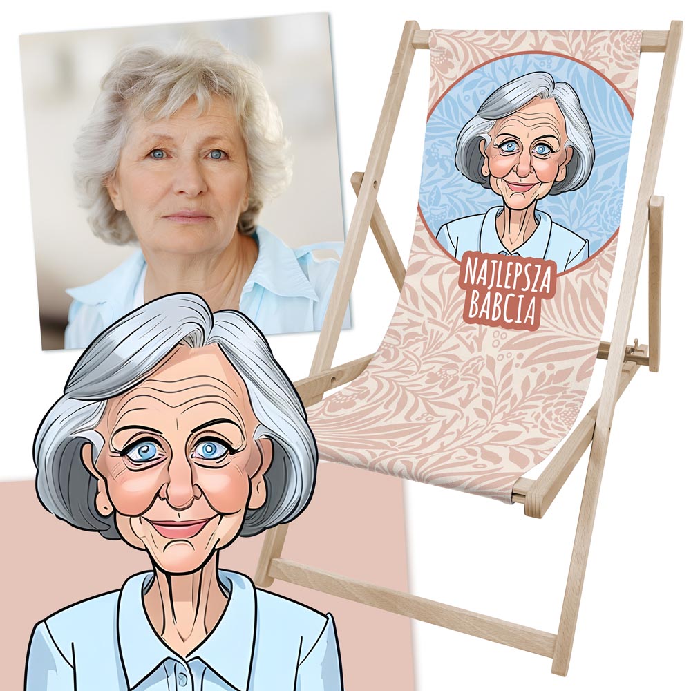 Leżak drewniany personalizowany ze zdjęciem Karykatura Prezent na Dzień Babci